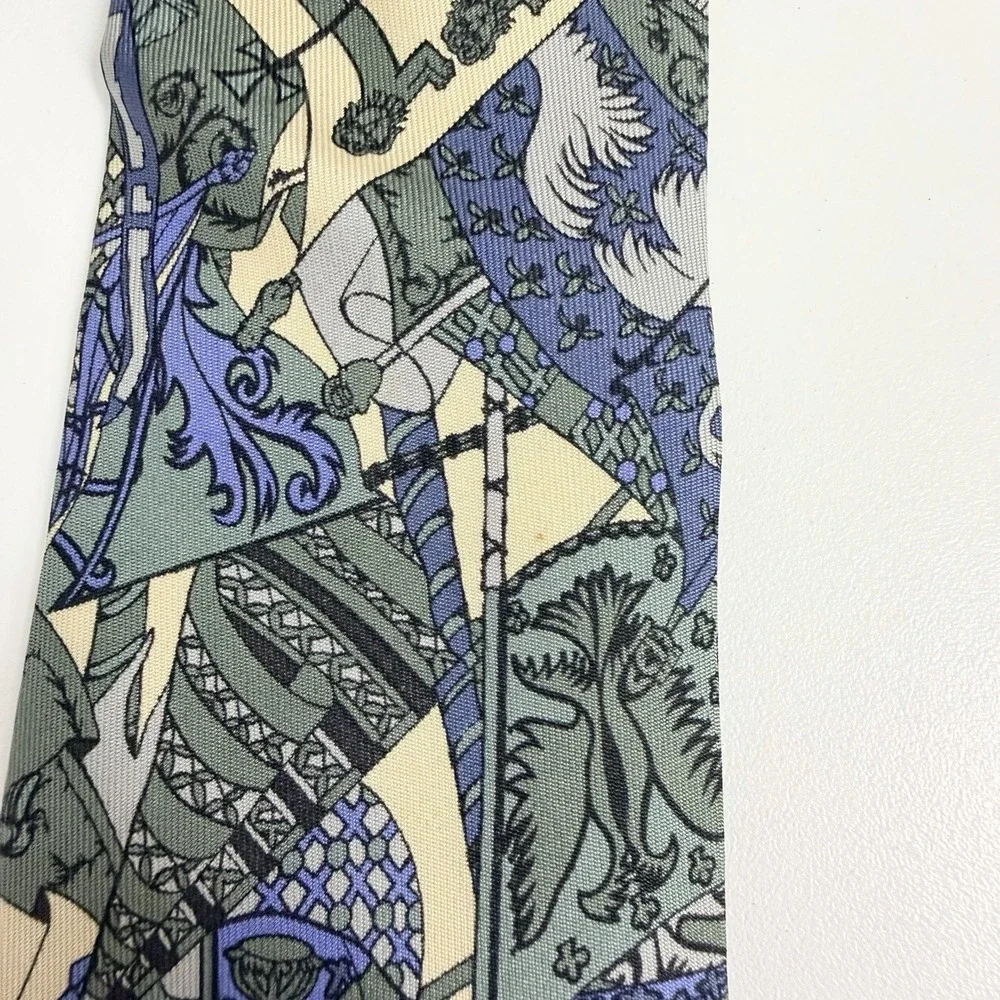 Hermes Scarf Tie Abstract Art Heraldry Blue/Sage/Yellow Silk 7286 MA 3.25